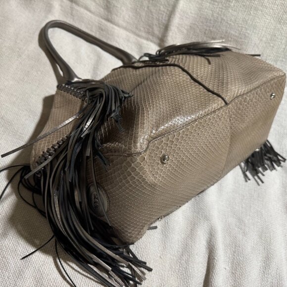 Tod's Taupe Python and Leather Fringe Large Satchel Bag - Picture 3 of 11
